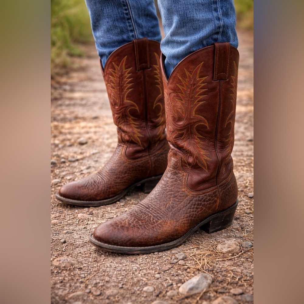 Tony Lama Vintage Western Cowboy Boots Brown Bullhide Leather Mens 8.5 D